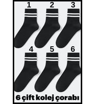 6 Lı Siyah Çorap Ünisex Kolej Tenis Spor Çizgili Çorap