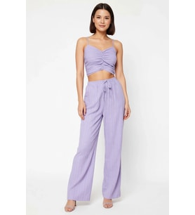 Kadın Büyük Beden İnce Askılı Kalp Yaka Büzgülü Crop Top Uzun Pantolon Plaj Takımı Günlük Rahat