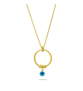 Beyaz Zirkon Taşlı Nazar Boncuğu Detaylı Dorika Top Süslemeli Gold Renk 925 Ayar Gümüş Kadın Kolye