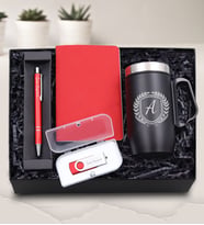 Kişiye Özel 280 ML Kulplu Çelik Termos & Gümüş Renk Detaylı Kırmızı Tükenmez Kalem & Kırmızı Dikişli Mini Not Defteri & 32 GB Kırmızı Usb Hediye Seti