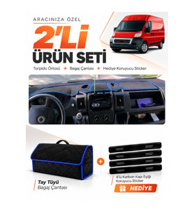 e-biz FIAT DUCATO (2006-2014) X250 Uyumlu Torpido Örtüsü + Tay Tüyü Çanta - Siyah-Mavi - FI010
