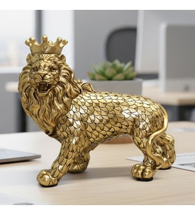 Polyester Dekoratif Taçlı Aslan Figürü 24x29 Cm – Altın Renk (Karışık)