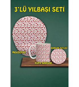 Yılbaşı Temalı 3'lü Bilek Destekli Mousepad Kupa Ve Bardak Altlığı Seti