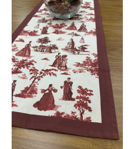 Toile De Jouy Paris Runner 40x110 cm  %100 Pamuk Dijital Baskılı Masa Örtüsü  Klasik Fransız Tarzı (Bordo)