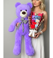 Hediye Sevgiliye 90cm Mor Ayıcık ve Renkli Ayıcık Buketi Leopar Kağıtlı Premium Hediye