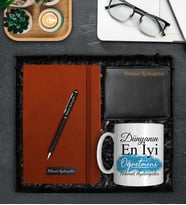 Öğretmenler Gününe Özel Taba Defter & Kişiye Özel Kalem & Tasarım Kupa & Kişiye Özel Cüzdan Hediye Seti (Mavi)