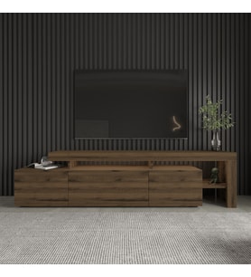 Beliz Modern LED Işıklı 3 Kapaklı, Raflı TV Sehpası – 192 cm, Antik Ceviz (Antik Kahve)
