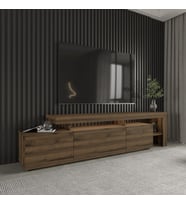Beliz Modern LED Işıklı 3 Kapaklı, Raflı TV Sehpası – 192 cm, Antik Ceviz (Antik Kahve)