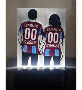 Sevgiliye - Eşe Hediyelik Isme Özel Bordo-Mavi Forma Desenli Dekoratif Led Lamba - Kablolu