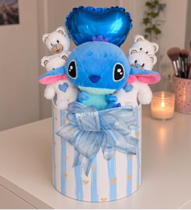 Stitch Peluş Ayıcık Buketi Kalpli Mavi Silindir Kutuda Hediye Mavi Balonlu Kıza Arkadaşa Hediye