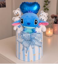 Stitch Peluş Ayıcık Buketi Kalpli Mavi Silindir Kutuda Hediye Mavi Balonlu Kıza Arkadaşa Hediye