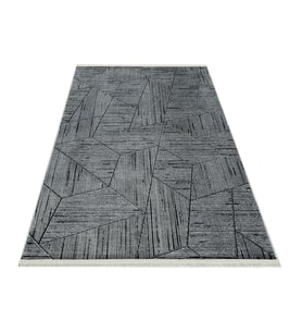 Gri Geometrik Desenli Modern Salon Halısı Antrasit Renkli Çizgili Tekstürlü Makine Dokuma Koridor Modeli