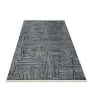Gri Geometrik Desenli Modern Salon Halısı Antrasit Renkli Çizgili Tekstürlü Makine Dokuma Koridor Modeli