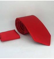 Kırmızı Klasik Düz Renk Mendilli Saten Kravat - KS-02 (Renksiz)