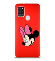Samsung Galaxy A21S Soft Premier Kapak Minnie Mouse-B Tasarımlı Silikon Kılıf - Kırmızı (Şeffaf)