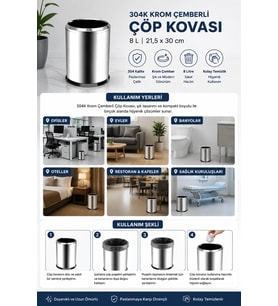 304K Krom Çemberli Çöp Kovası 8 L 21,5x30 cm