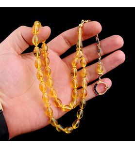 Damla Kehribar Tesbih Siyah Zirkon Taşlı Ayyıldız Model Arpa Kesim (Gümüş)