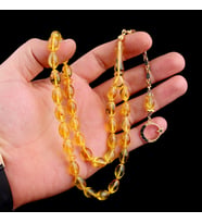 Damla Kehribar Tesbih Siyah Zirkon Taşlı Ayyıldız Model Arpa Kesim (Gümüş)