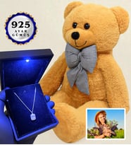 Size Özel Fotoğraflı Set Işıklı Kutusunda 925 Ayar Gümüş Kolye ve 80cm Kahve Ayıcık (Model 3)