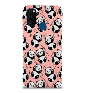 Samsung Galaxy M21 Uyumlu Lansman Kılıf Panda Tasarımlı İçi Kadife Kapak-Pembe (Şeffaf)