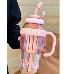 ICE CREAM Tasarımlı Pipetli Suluk 1.3 Litre Büyük Hacimli, Şeffaf Renkli Matara, Sızdırmaz Kapak (Pembe)
