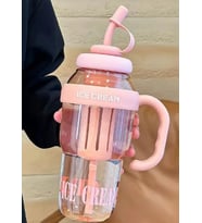 ICE CREAM Tasarımlı Pipetli Suluk 1.3 Litre Büyük Hacimli, Şeffaf Renkli Matara, Sızdırmaz Kapak (Pembe)