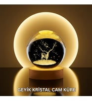 Doğal Ahşap Standlı Geyik Figürlü Kristal Küre LED Dekoratif Lamba