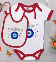 BK Kids Maşallah Tasarımlı Kırmızı Bebek Body Zıbın ve Mama Önlüğü Hediye Seti-1