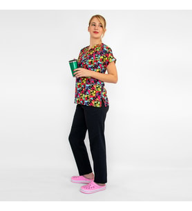Unisex Kareli Mickey Desenli Esnek Likralı Doktor Hemşire Scrubs Üniforma Takım
