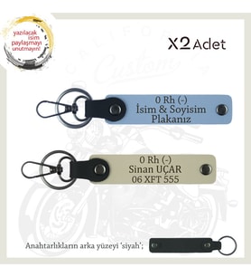 Motorcu Tarzına Uygun, İsim Plaka ve 0 Rh (-) Kan Grubu Yazılı x2 Anahtarlık Set, Mavi-S Kahve-Syh (Çok Renkli)