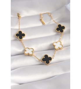 316L Çelik Gold Renk Siyah Beyaz Yonca Model Kadın Bileklik - TJ-BB5962