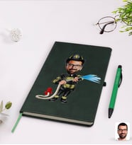 BK Gift Kişiye Özel Erkek İtfaiyeci Karikatürlü Yeşil Termo Deri Defter Kalem Seti Model 1