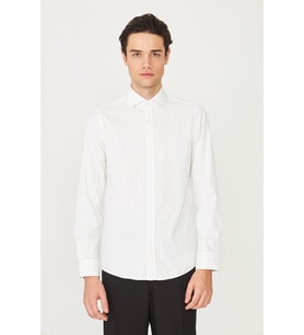 Bej İnce Çizgili Uzun Kollu Gömlek Slim Fit