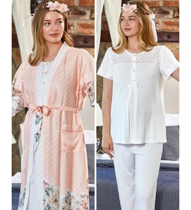Cossy By Aqua 23171-23172 Pudra Hamile Lohusa 3 Lü Pijama Sabahlık Takımı