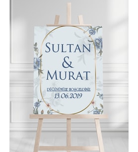 Söz Nişan Düğün İçin 50x70 Karşılama Panosu - Mavi Çiçek Desenli