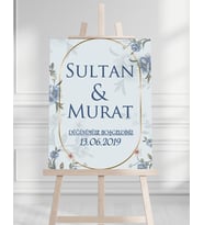 Söz Nişan Düğün İçin 50x70 Karşılama Panosu - Mavi Çiçek Desenli