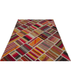 Kırmızı Kilim Salon Kilimi Çok Renkli Geometrik Desenli El Dokuma Yünlü Düz Yüzey