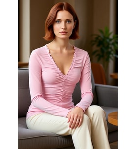 Kadın Pembe V Yaka Büzgülü Drape Detaylı Esnek Örme Bluz Günlük Kullanım İçin Şık Ve Feminine