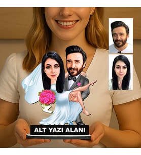 Kişiye Özel 2 Kişilik Gelin Damat Düğün Konseptli Sevgili Karikatürlü 18 cm MDF Masaüstü Biblo - Sevgiliye ve Eşe Hediye Çiftlere Özel Hediye