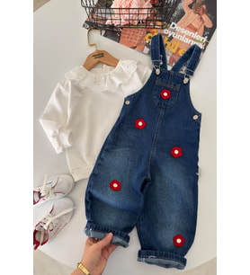 Çiçek Aplikeli Denim Salopet ve Dantel Yakalı Bluz Kız Çocuk 2’li Takım - Mavi