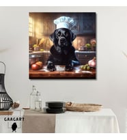 Kare Kanvas Mutfak Tablosu Aşçı Hayvanlar Siyah Labrador Köpek