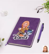 BK Gift Kişiye Özel Kadın Muhasebeci Karikatürlü Mor Termo Deri Defter Kalem Seti Model 1