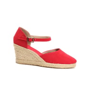 Gerçek Elişi Bilekten Bantlı Topuğu Açık Keten Espadril Dolgu Topuk Handmade (Kırmızı)
