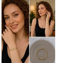 Premium Gold Renk Parlak Taşlı 316L Çelik Sonsuzluk ve Kalp Figürlü Gold Charm Bileklik (~18cm)