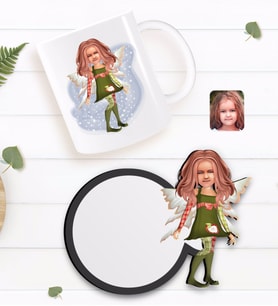 BK Gift Kişiye Özel Kız Çocuk Peri Karikatürlü Beyaz Kupa ve Ahşap Bardak Altlığı Hediye Seti-1