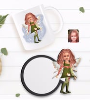 BK Gift Kişiye Özel Kız Çocuk Peri Karikatürlü Beyaz Kupa ve Ahşap Bardak Altlığı Hediye Seti-1