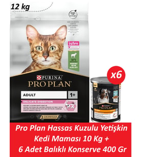 Pro Plan Hassas Kuzulu Yetişkin Kedi Maması 10 Kg + 6 Adet Balıklı Konserve 400 Gr