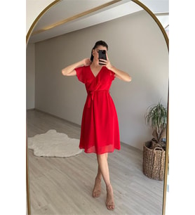 Neşeli butik kadın v yaka kuşaklı mini şifon elbise NM007 (Kırmızı)