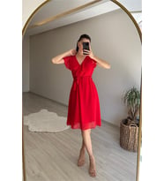 Neşeli butik kadın v yaka kuşaklı mini şifon elbise NM007 (Kırmızı)