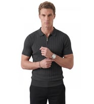 DeepSEA Erkek Füme Polo Yaka Fermuarlı Çizgi Dokulu Regular Fit Likralı Triko Tişört 2608008